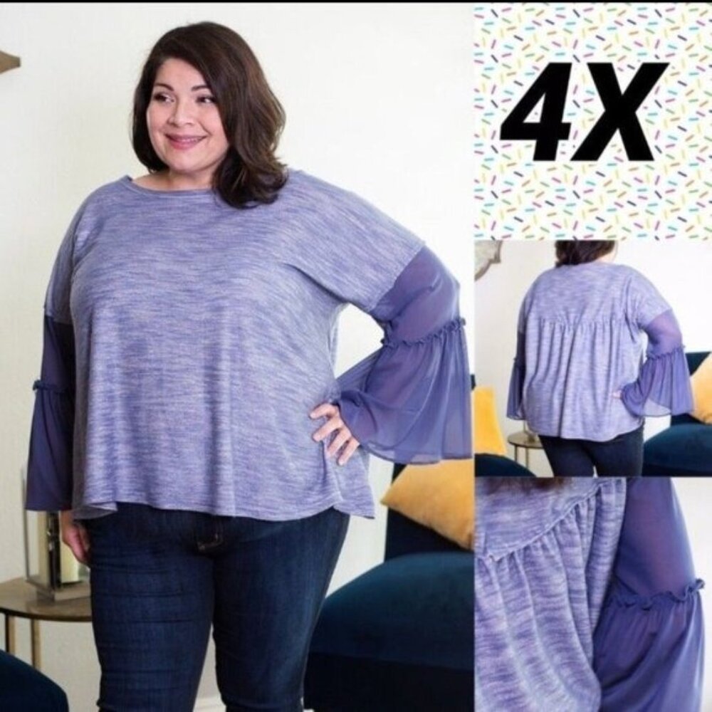 Plus Size 4X Purple Long Sleeve Top With Sheer Bell Sleeves-NEW